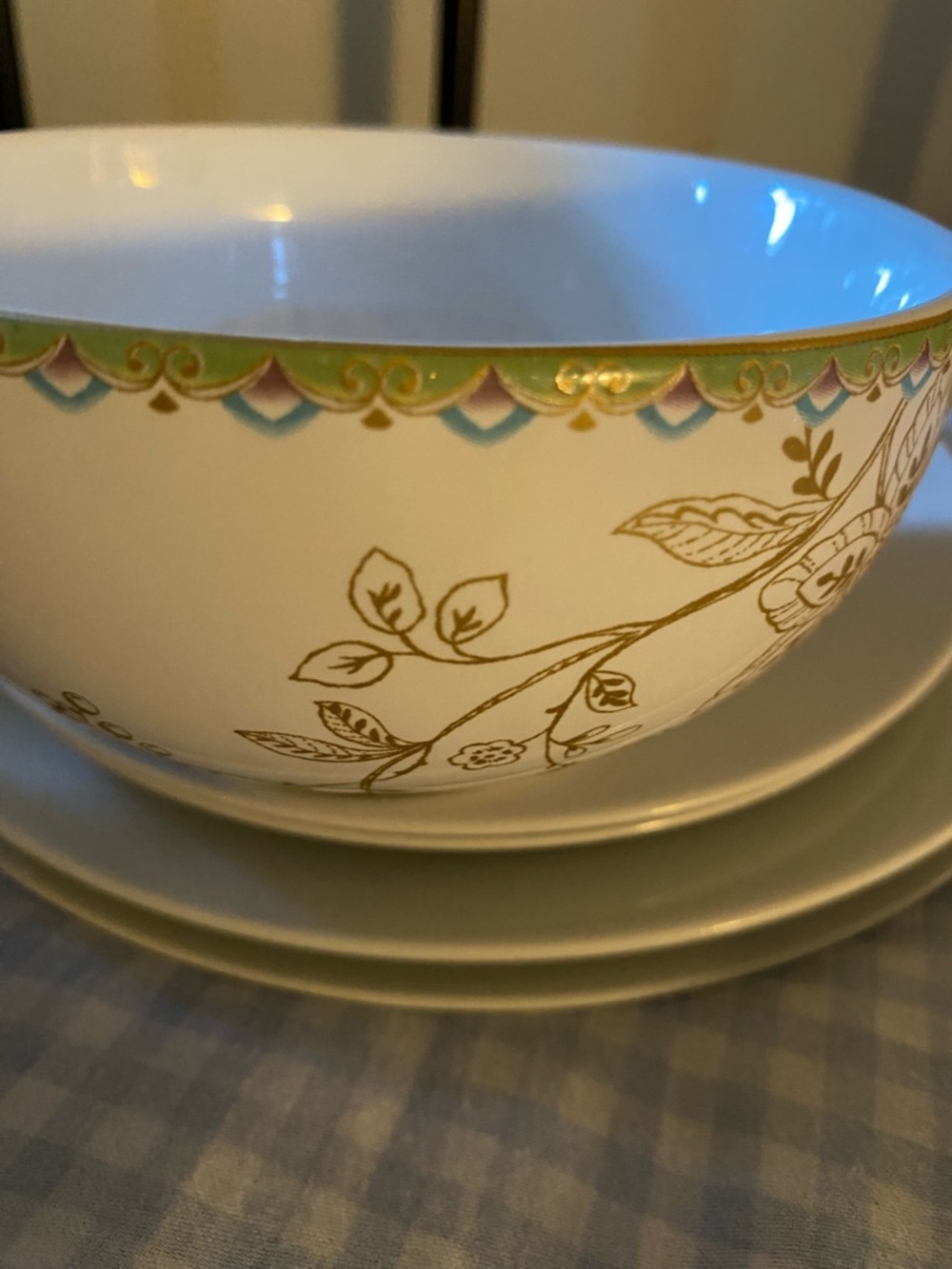 222 Fifth Peacock Garden Soup Cereal Bowls Fine China Porcelain Gold Trim x 2 - Picture 6 of 16